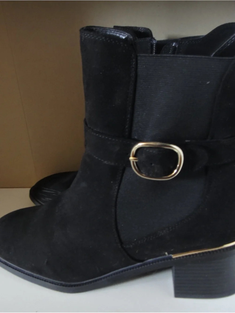 Rock & Candy Black Suede Ankle Booties with Gold Buckle